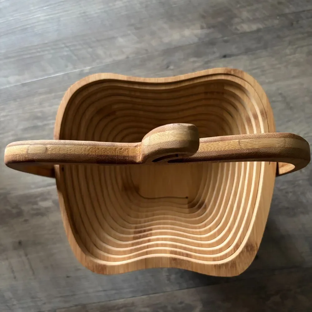 Apple Shaped Collapsible Bamboo Fruit Basket Folding Bread Bowl Serving Basket